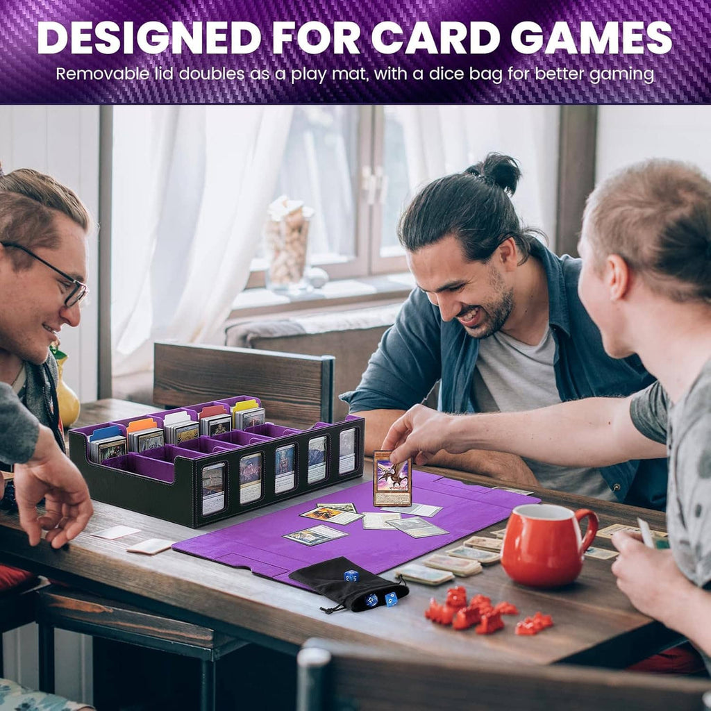 Trading card storage box on table with purple play mat and organized card compartments