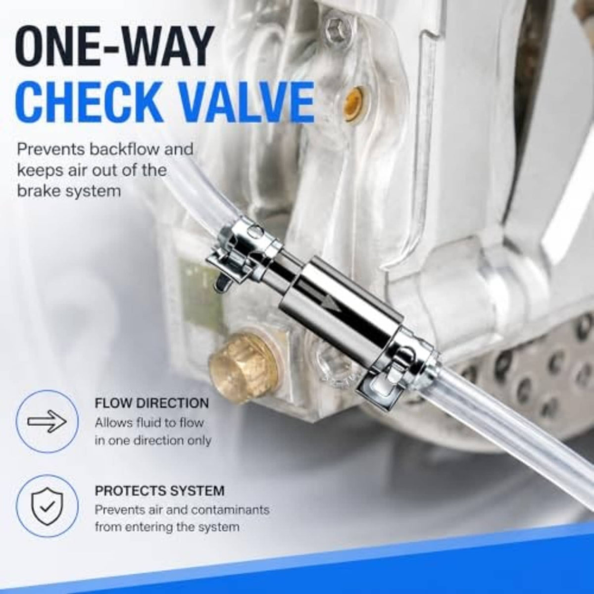 One-way check valve brake bleeder with clear hose and metal valve body