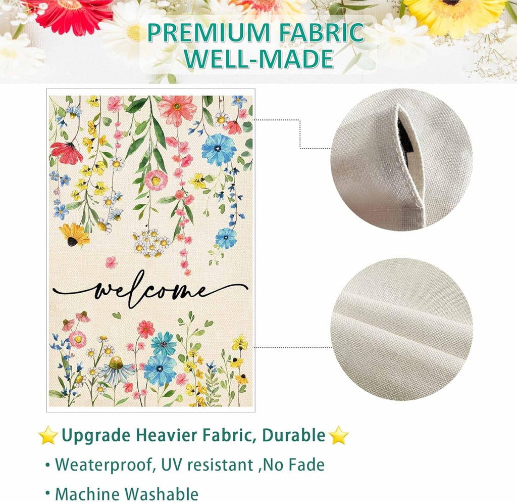 Premium floral welcome yard flag with black “welcome” script and multicolor blossoms