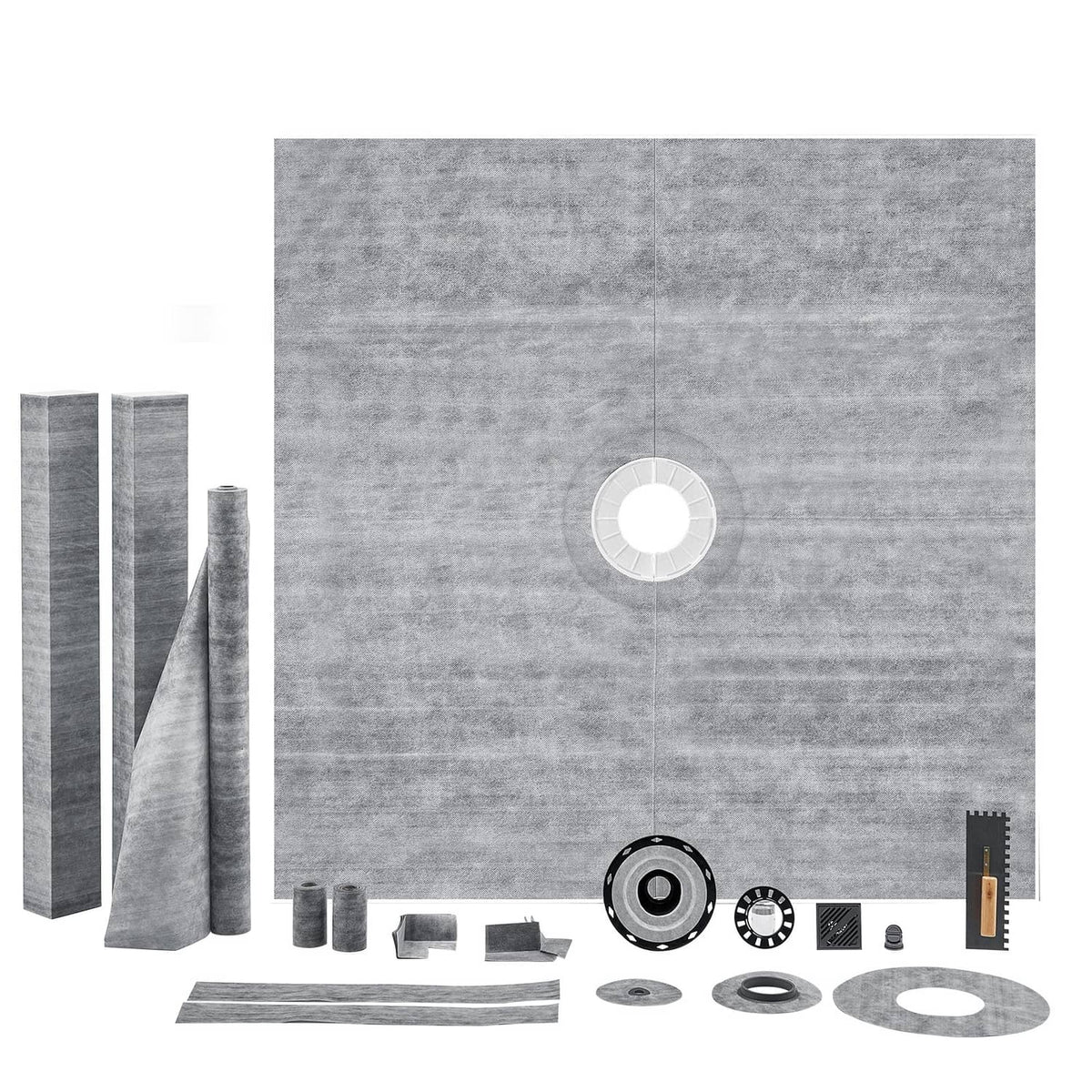 Grey waterproof shower curb kit accessory set with central drain flange components