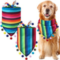 2-pack Mexican-style dog bandanas, rainbow stripes with multicolor pompom trim; dog wearing one