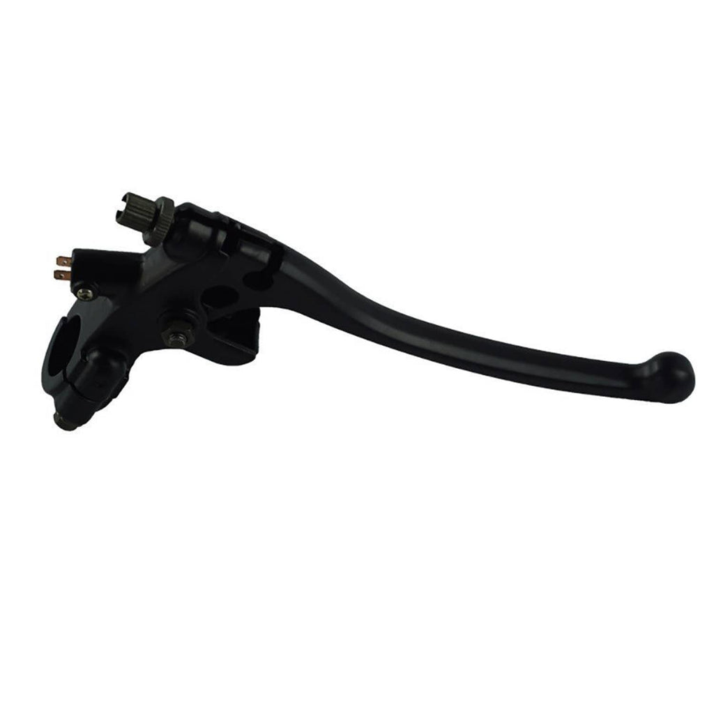Black brake lever perch with long curved lever arm, angled side view