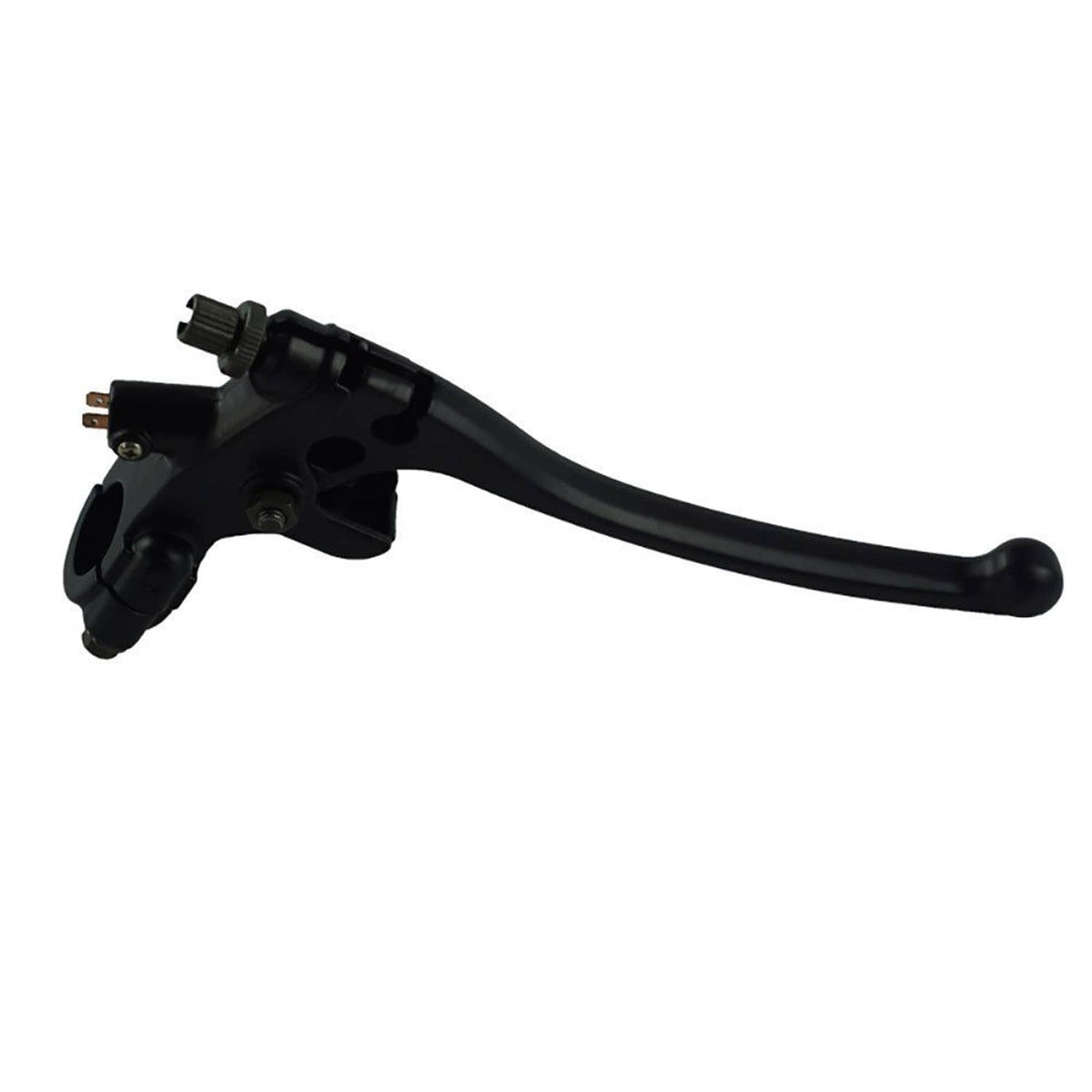 Black brake lever perch with long curved lever arm, angled side view