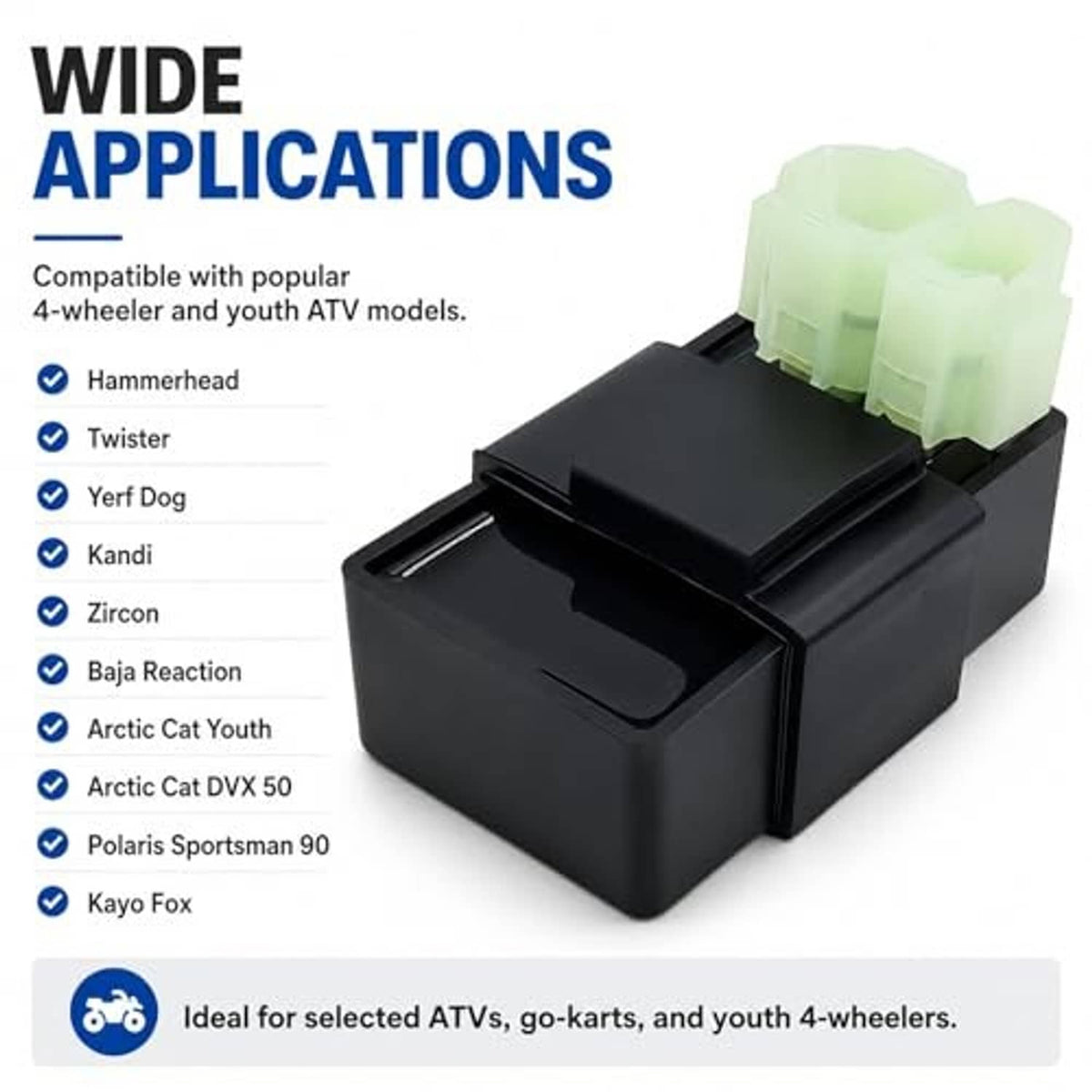 Compact black AC CDI box with light green connector plugs on top, angled view