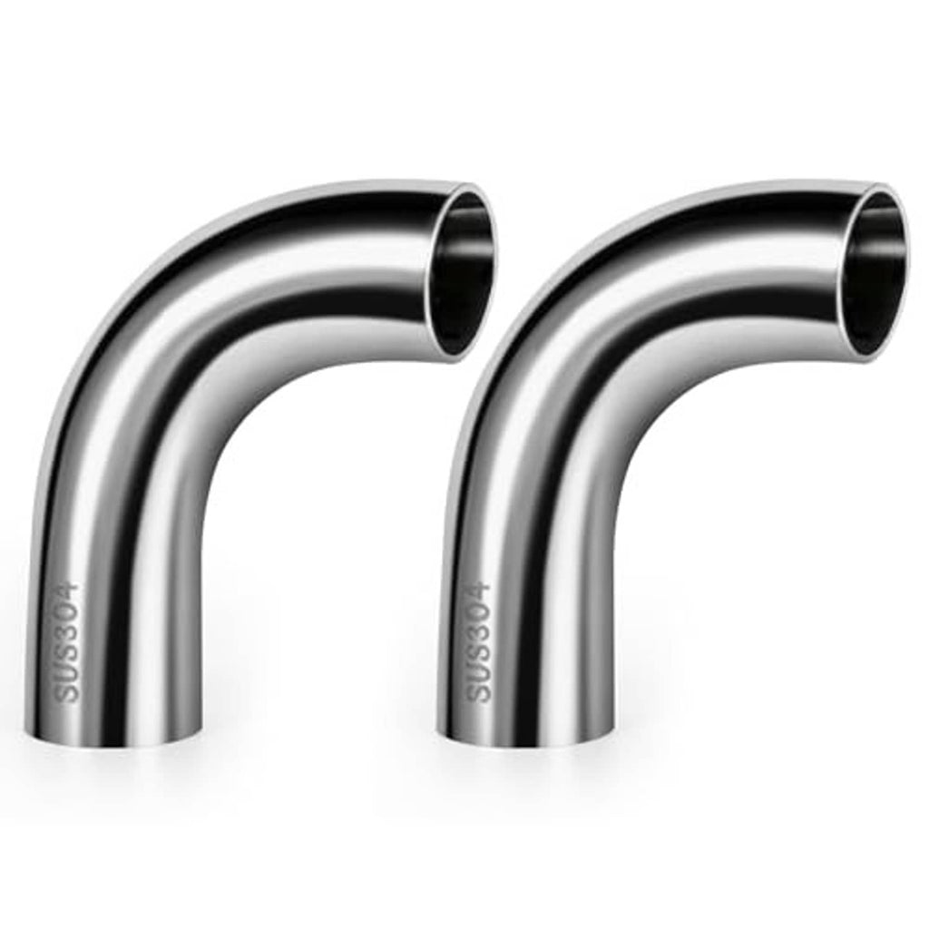 Two 90-degree stainless steel elbow pipes with smooth, mirror-like finish.