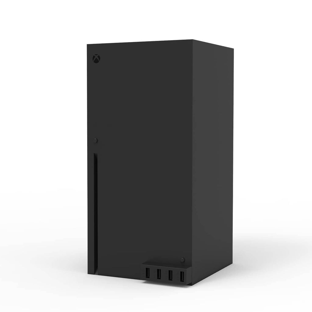 Black 4-port USB 2.0 hub standing upright with bottom connector ports