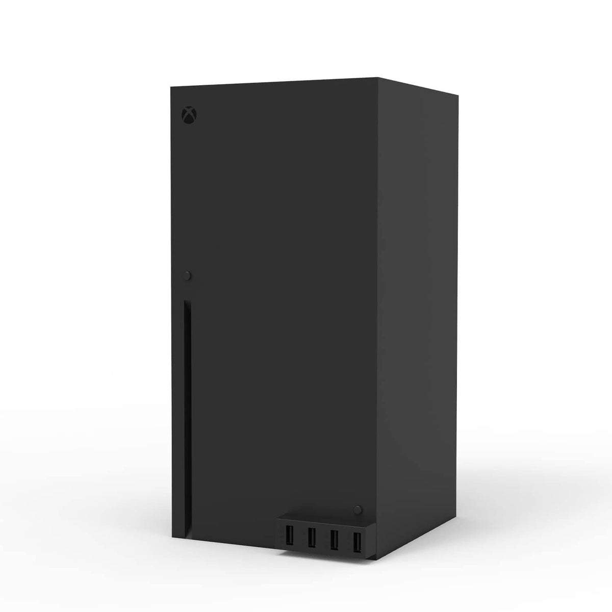 Black 4-port USB 2.0 hub standing upright with bottom connector ports