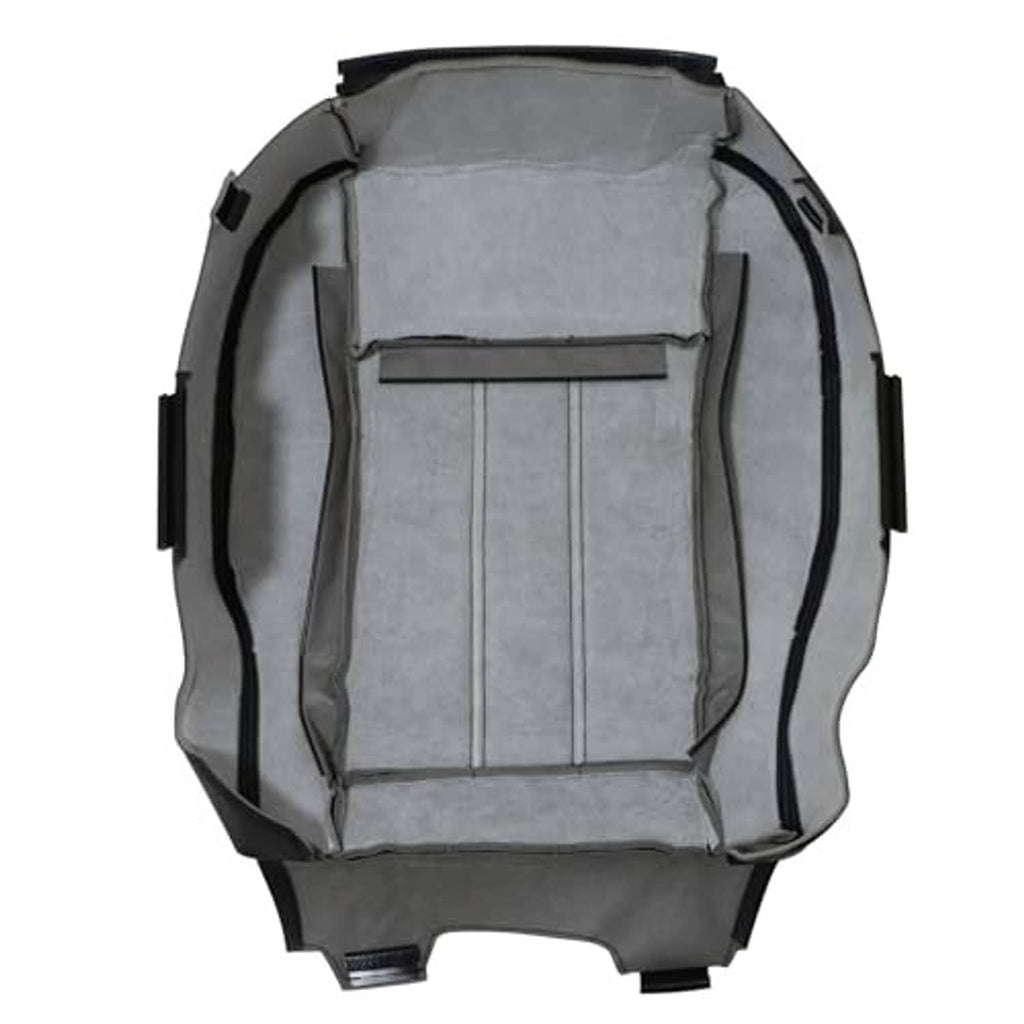 Underside of black leather seat bottom cover with gray fabric backing and cutout openings