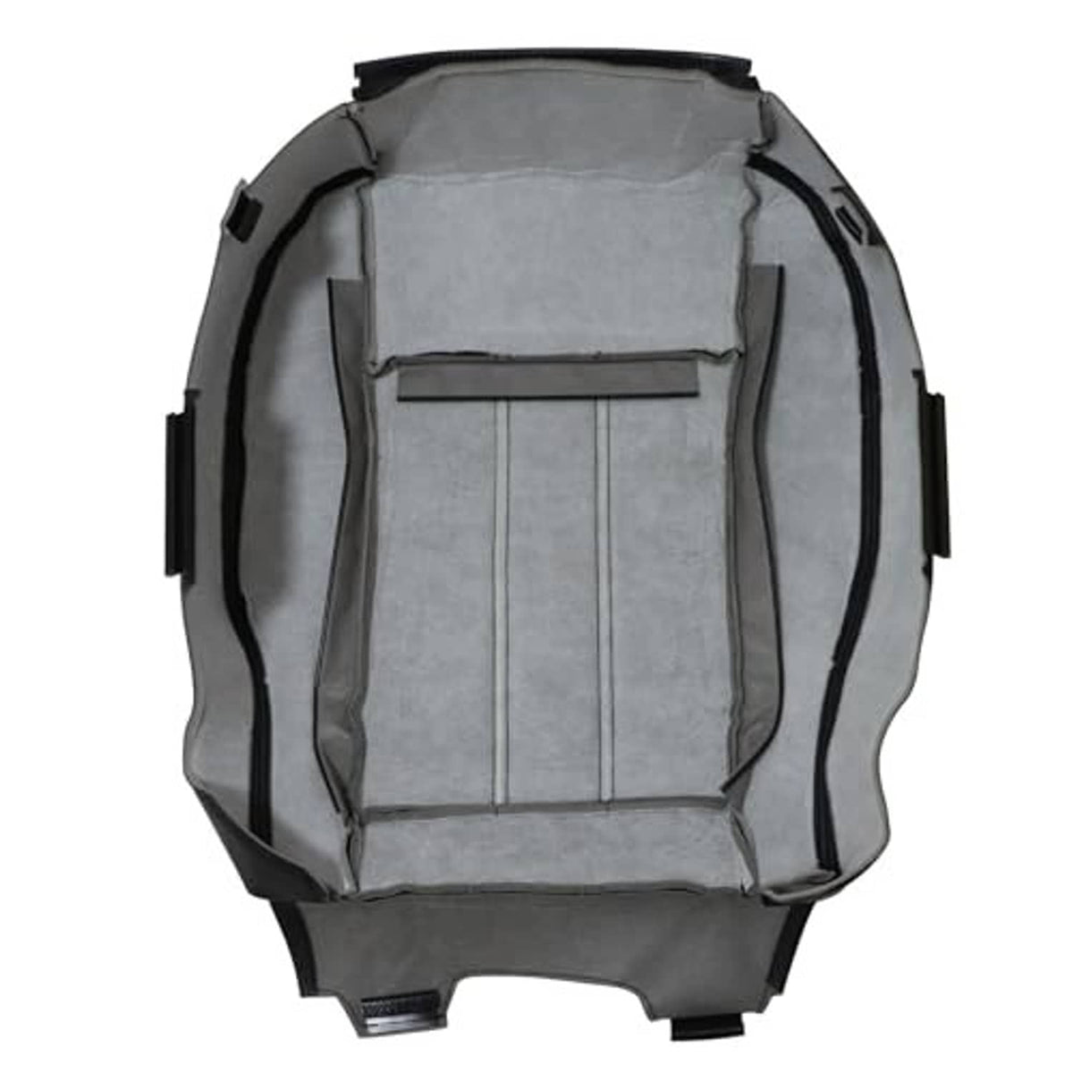 Underside of black leather seat bottom cover with gray fabric backing and cutout openings