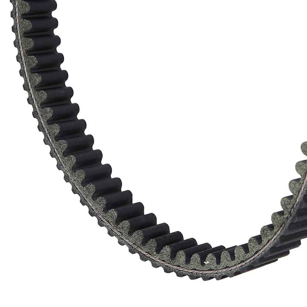 Close-up of black toothed drive belt edge and ribbed texture