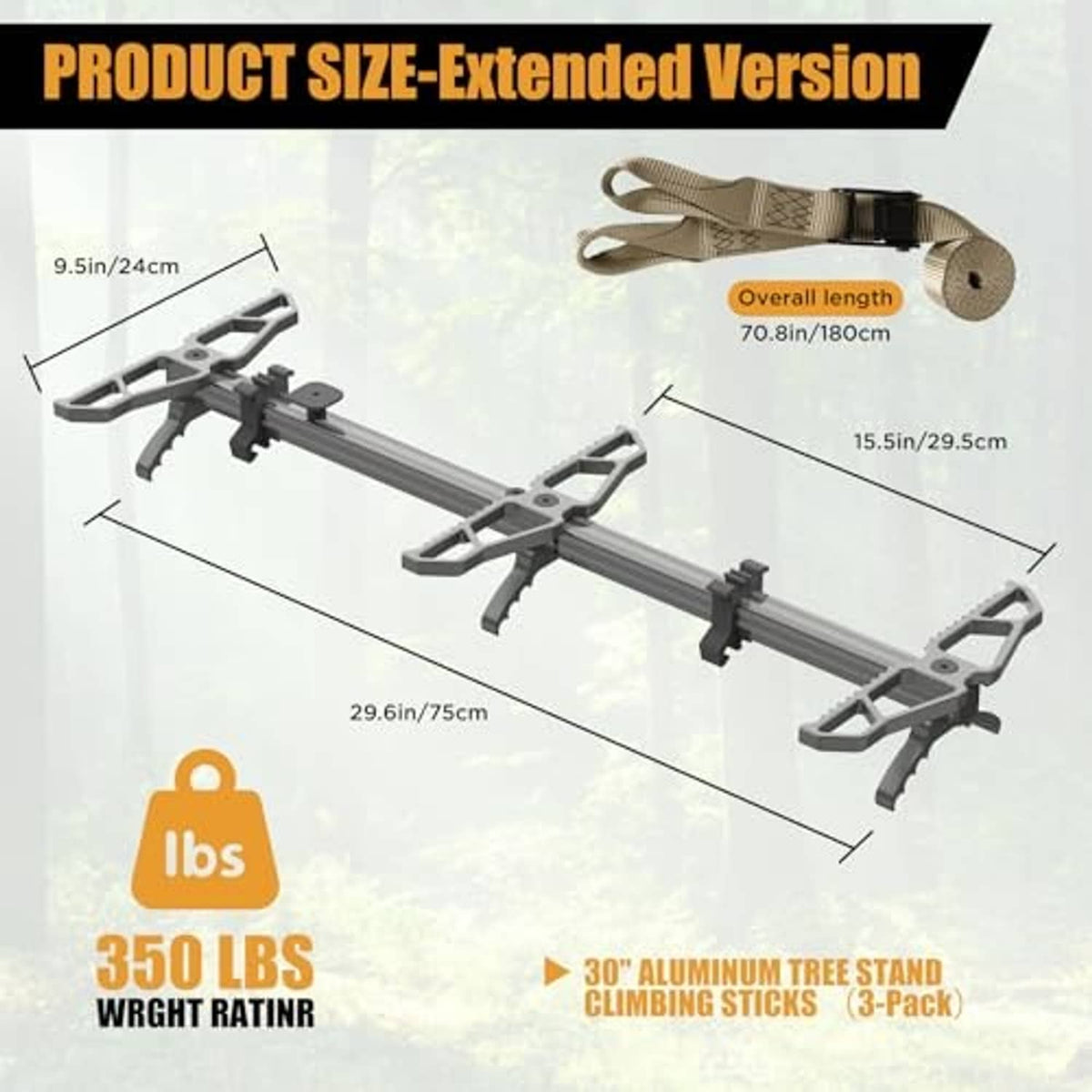 Extended aluminum climbing sticks with four foot platforms and securing straps