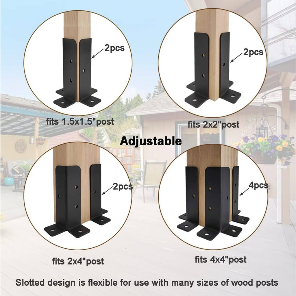 Adjustable black post base brackets with base plates for square wood posts
