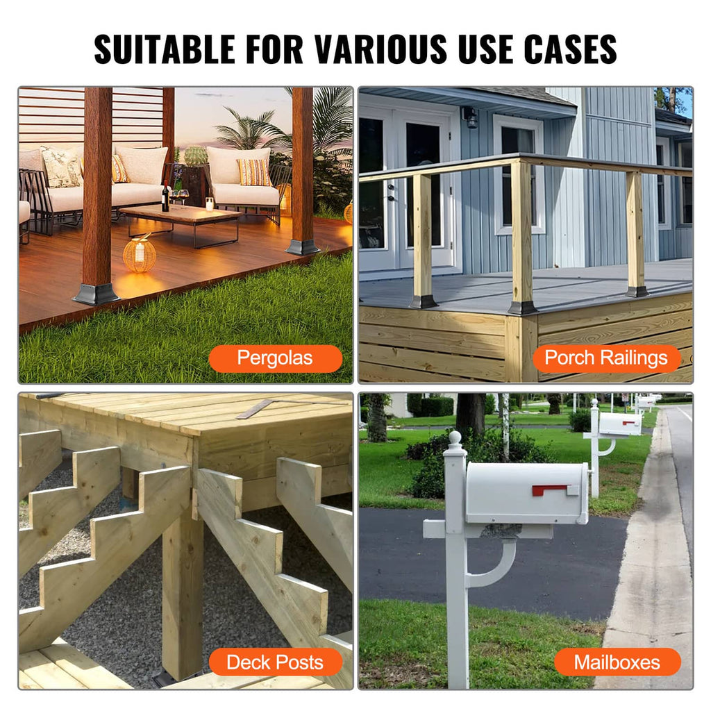 Black steel wood post base brackets for deck posts, pergolas, porch rails, mailboxes