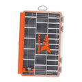 Orange waterproof tackle box with clear lid and gray divider tray grid for storage