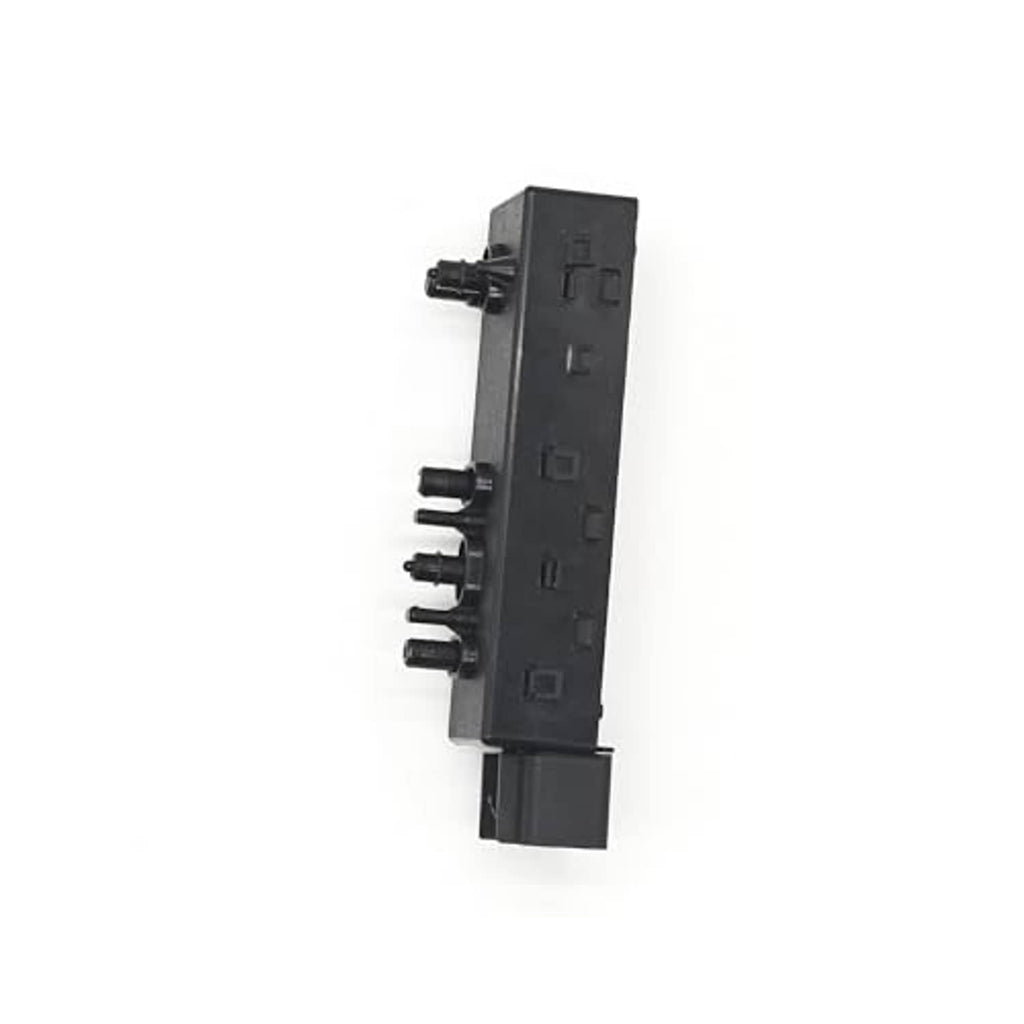 Black power seat control switch with side-mounted ports and connector housing