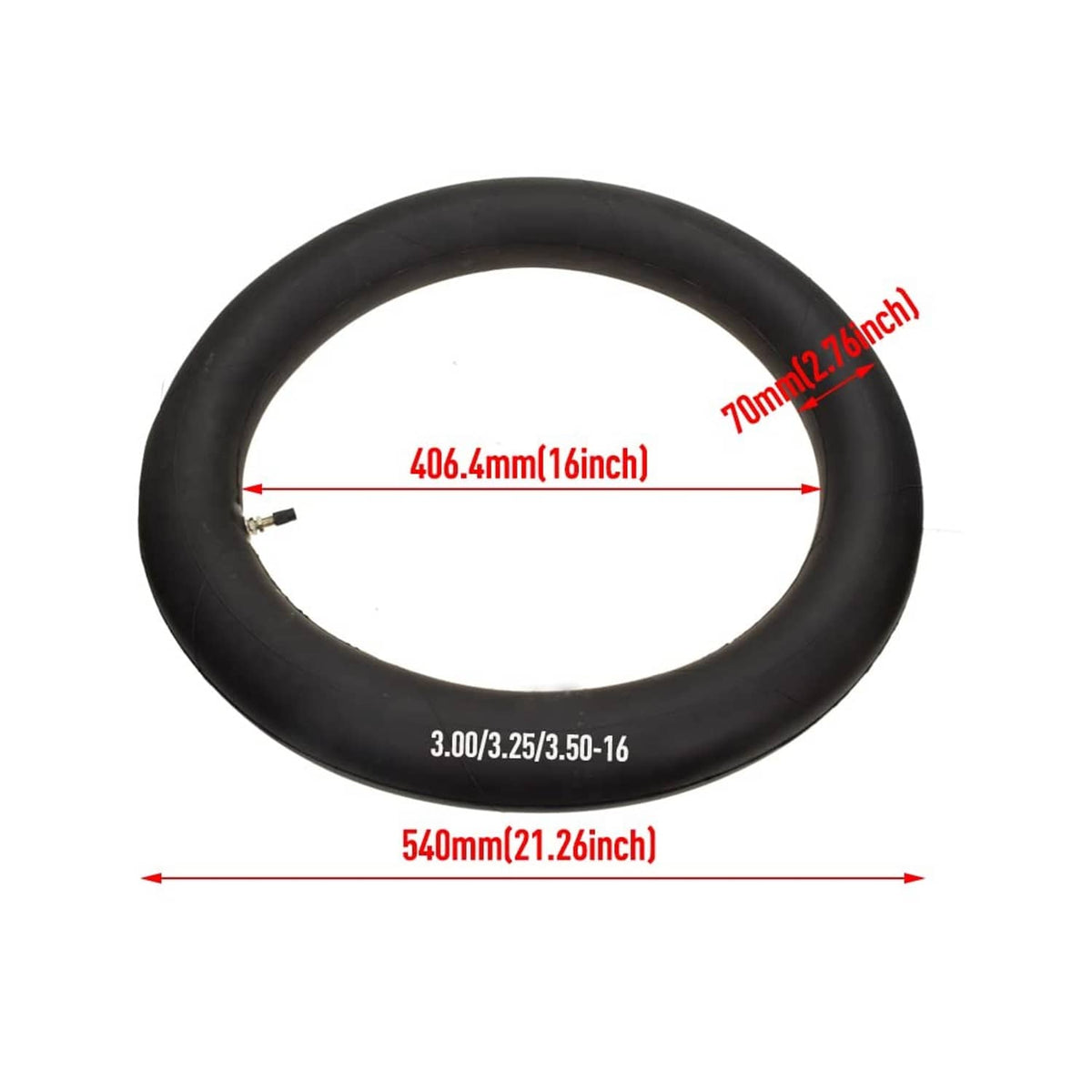 Black 3.00/3.25/3.50-16 inner tube with size guides: 540mm, 406.4mm