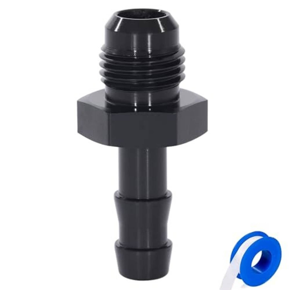 Dark straight hose fitting adapter with male flare threads and 5/16 barb connection