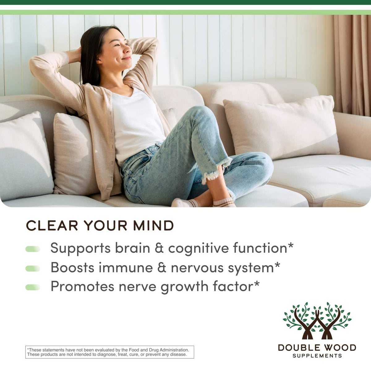 Lion's Mane mushroom supplement promotional panel with clear your mind callouts