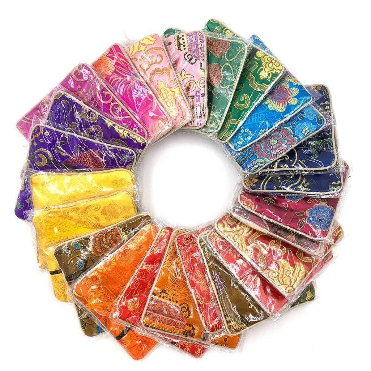 Round assortment of embroidered silk coin purses with tassels and zip tops