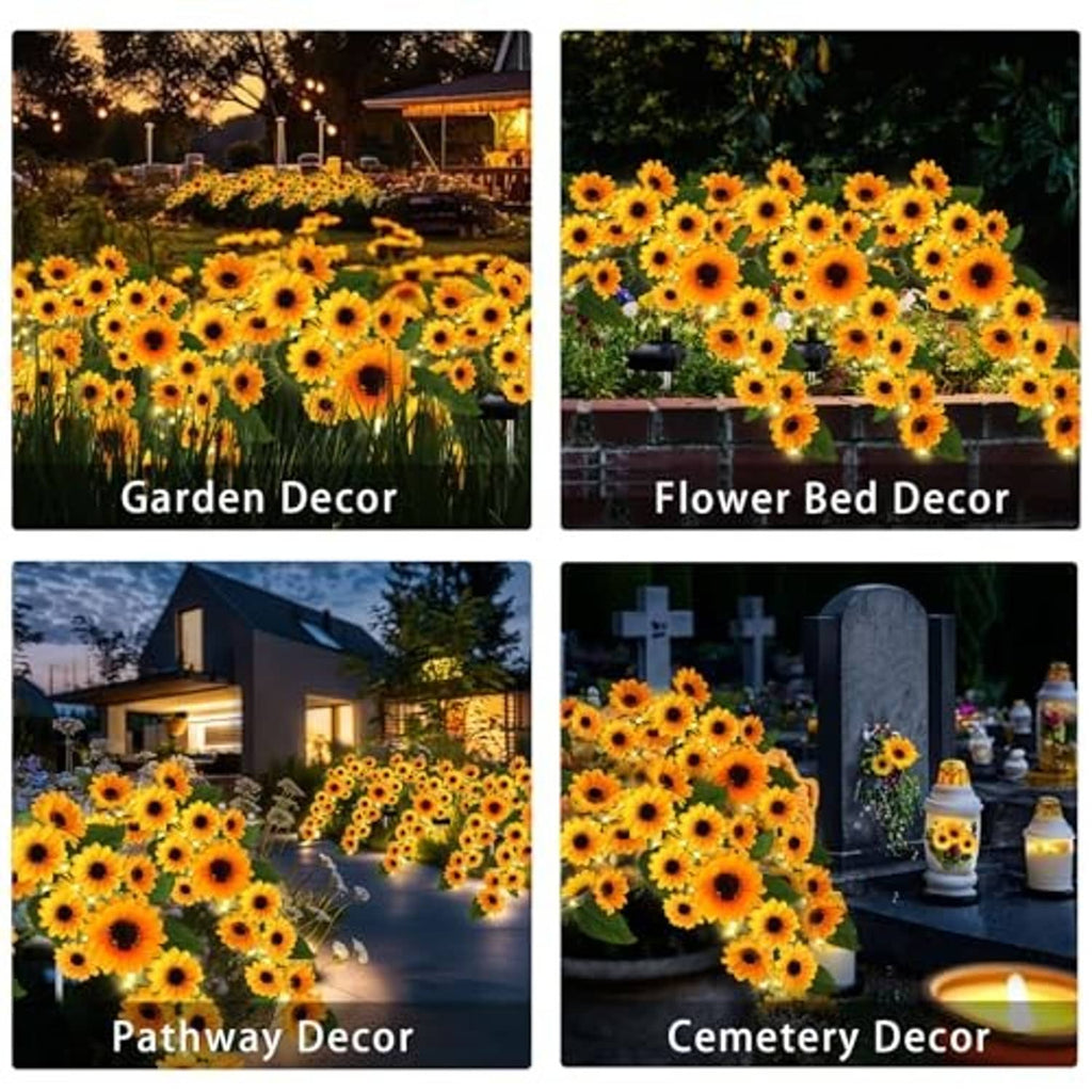 Solar sunflower garden lights in outdoor landscaping, multiple yellow blooms with LEDs