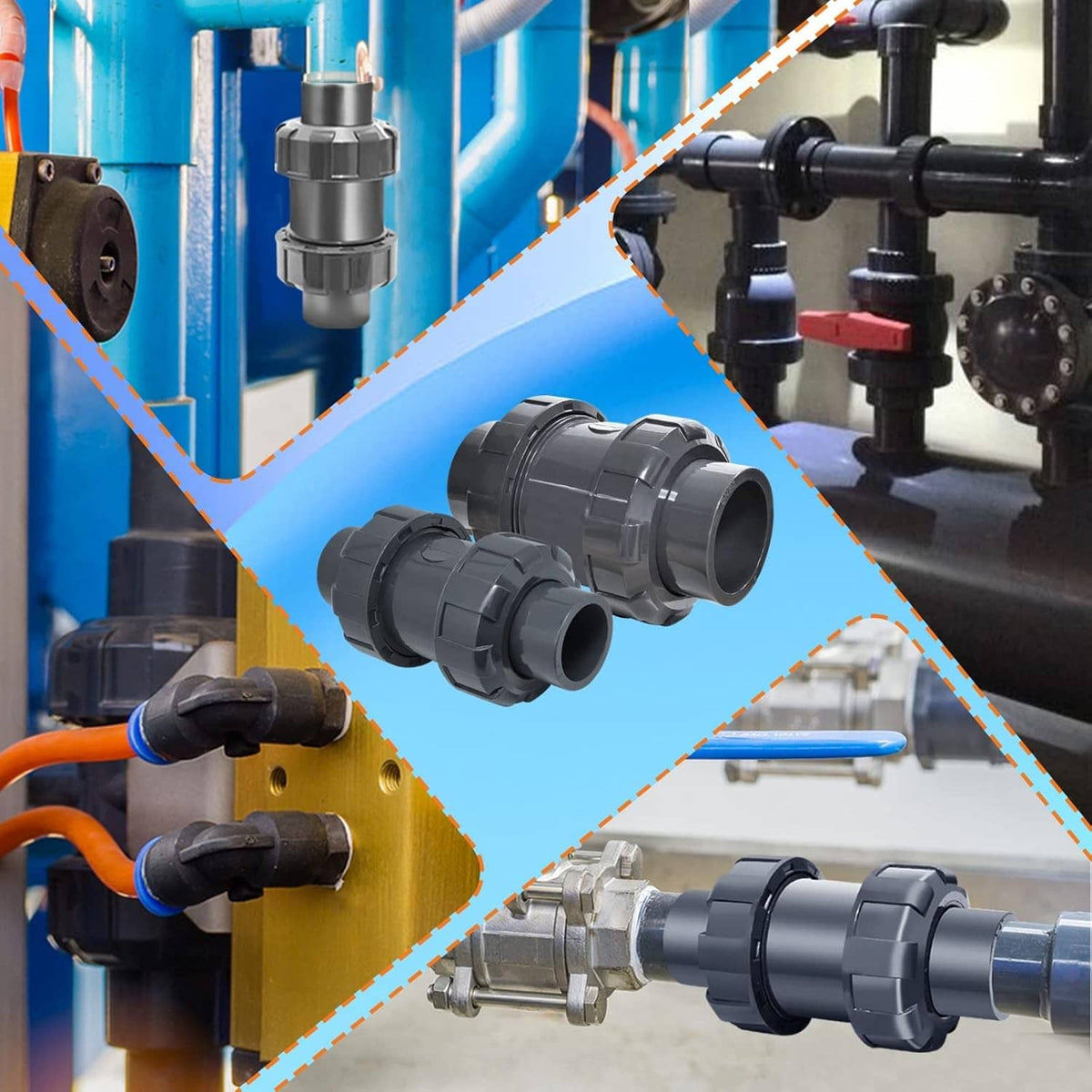 Dark PVC swing check valve installed in a plumbing system with fittings