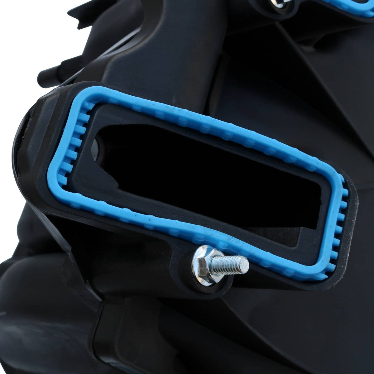 Blue rectangular gasket opening on black intake manifold with threaded stud