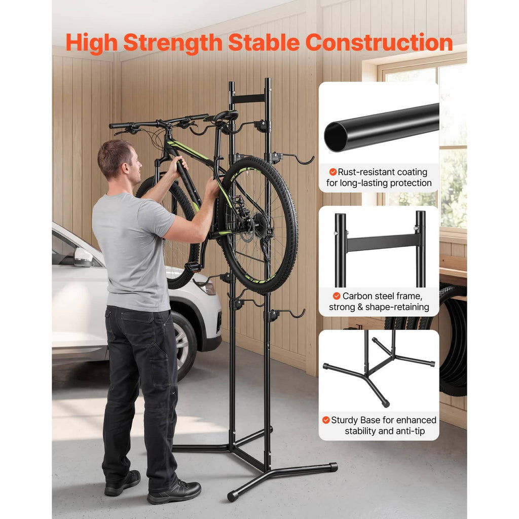 Black freestanding vertical bike rack with thick steel frame and stable kickstand base