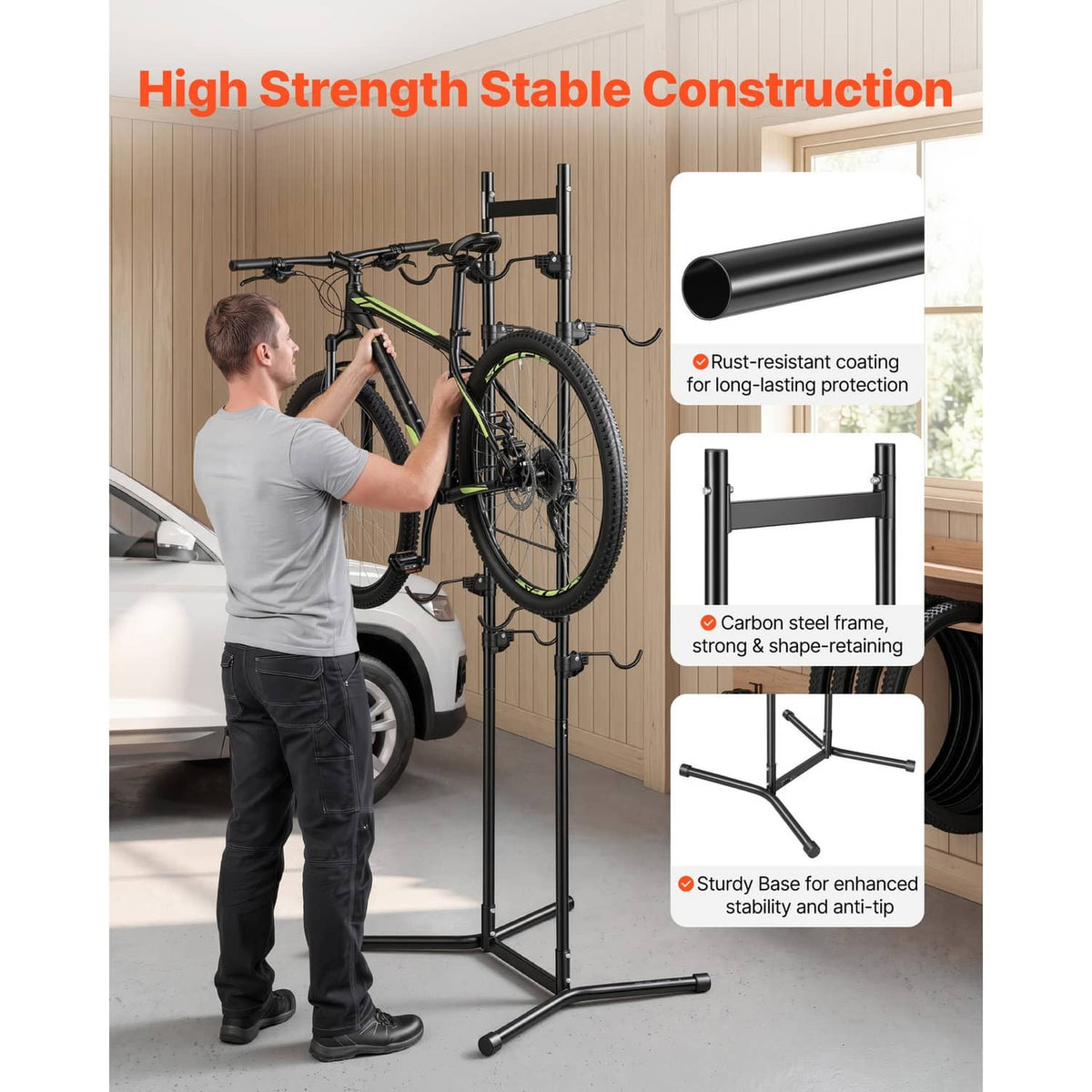 Black freestanding vertical bike rack with thick steel frame and stable kickstand base