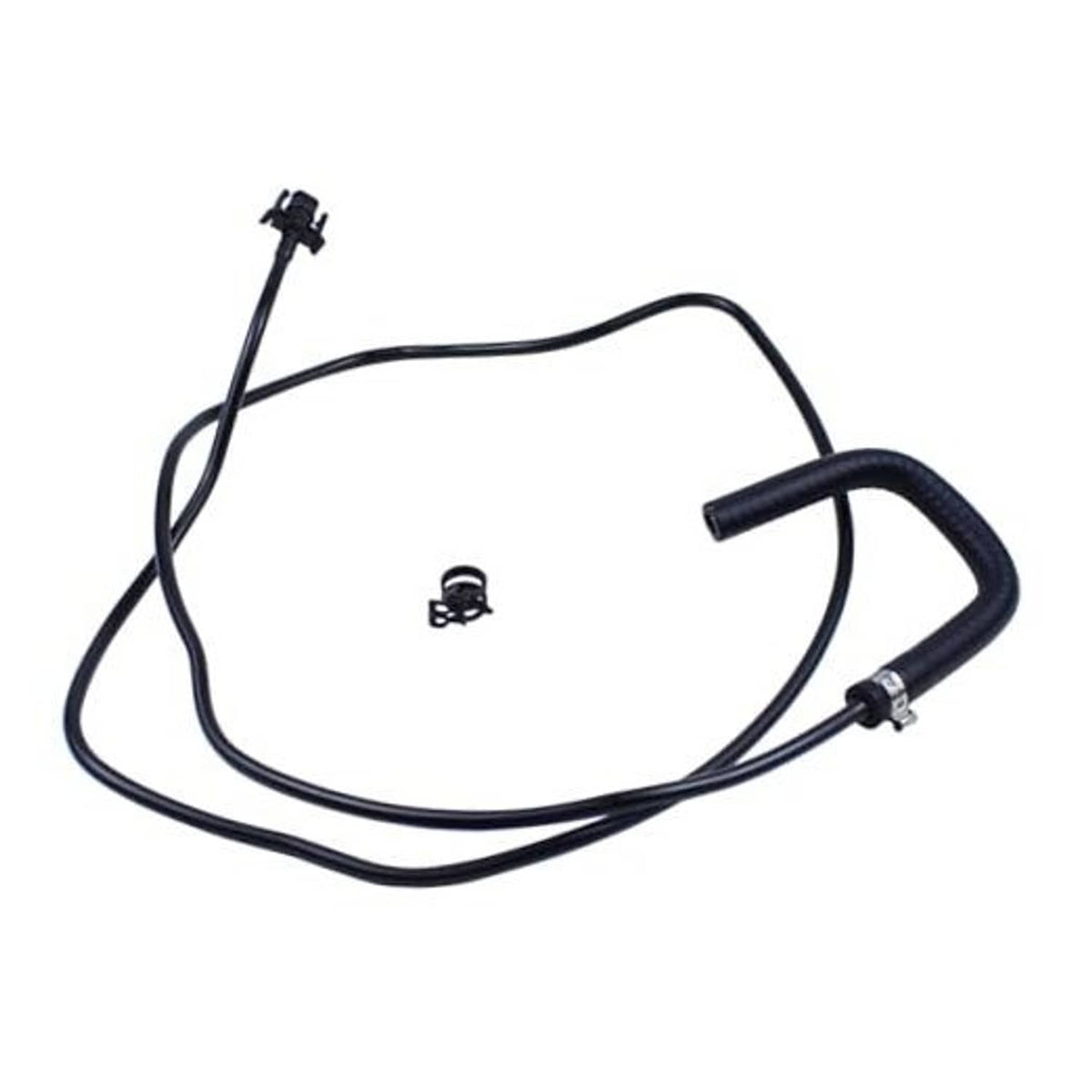 Radiator overflow hose with black rubber tubing and metal fittings, single-piece set