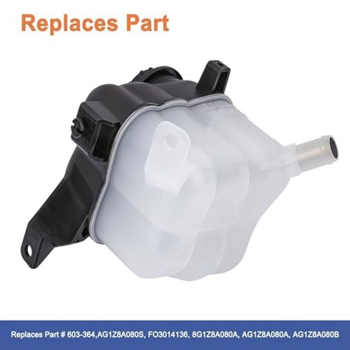 Engine coolant reservoir expansion tank with cap and side mounting bracket, white inlet hose