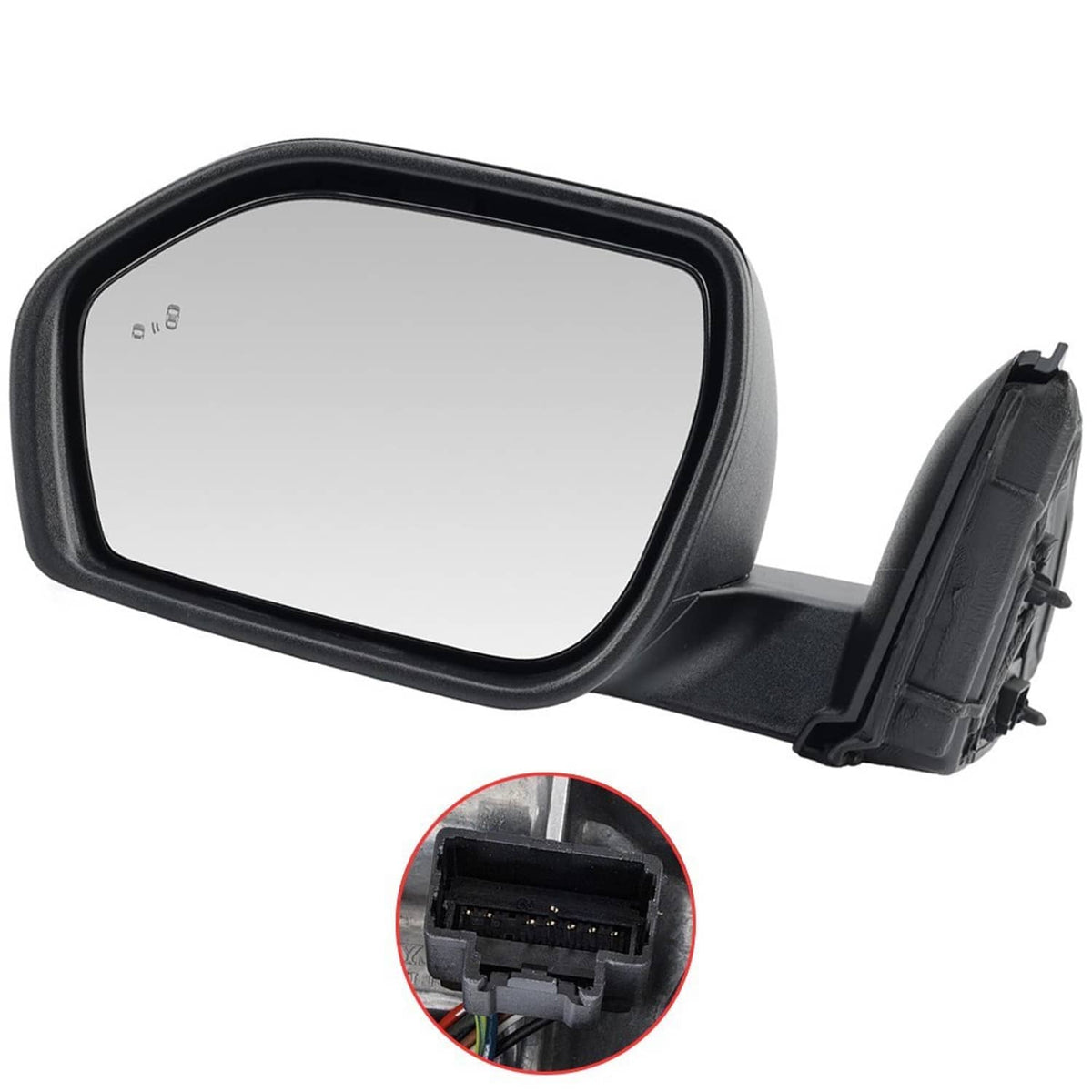Black side mirror with hinge mount and inset 8-pin wiring connector (close-up)
