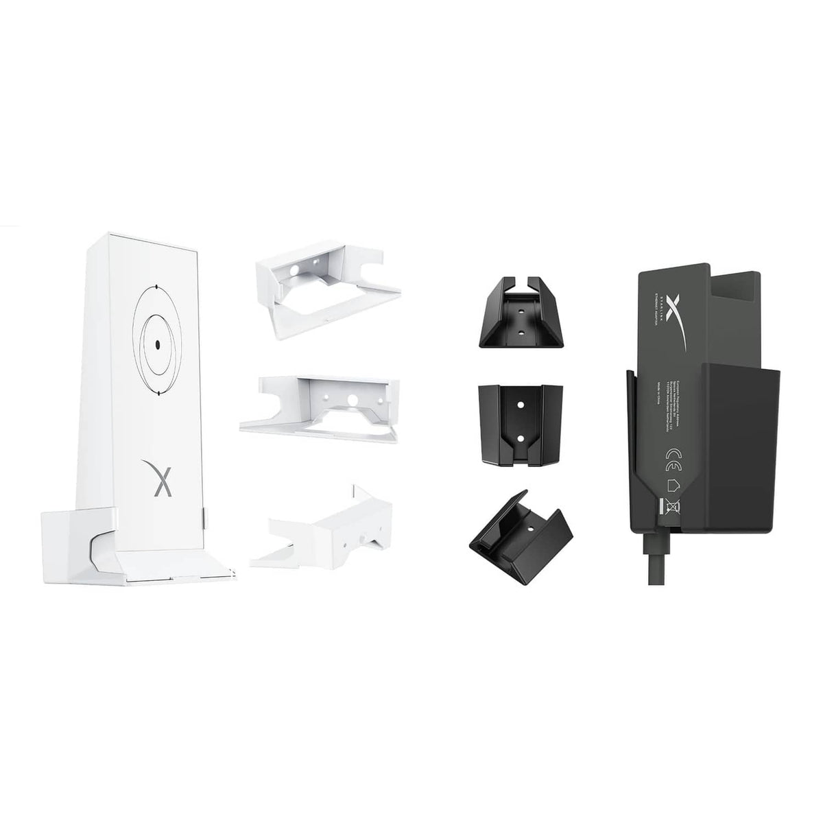 White wall mount bracket and black Ethernet adapter mount pieces, with included hardware