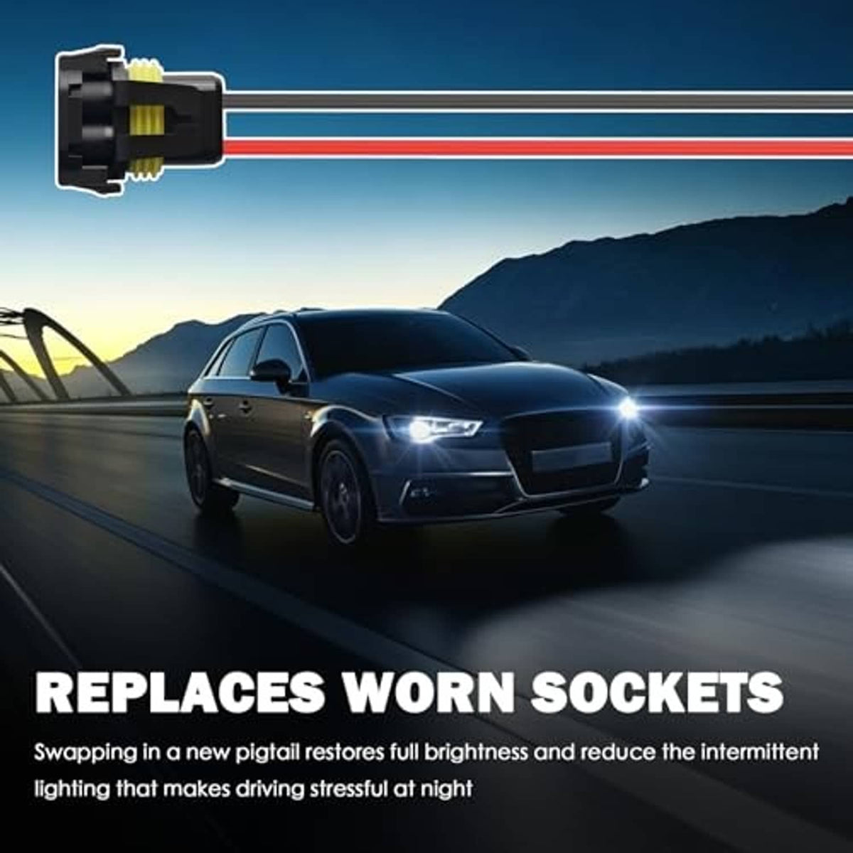 Vehicle wiring harness socket with yellow insulator, black plug end and red/black wires