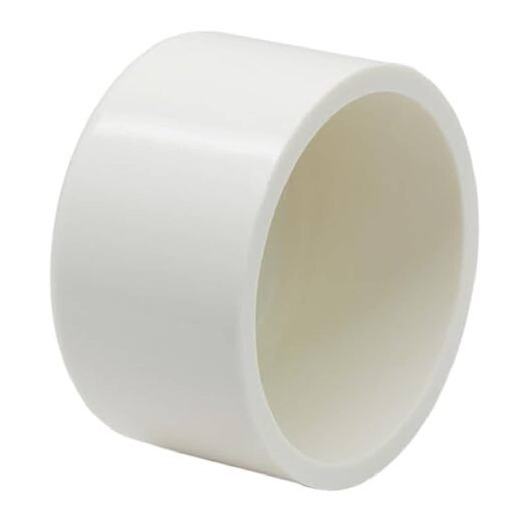 4-inch PVC pipe end cap fitting, smooth white cap with round opening