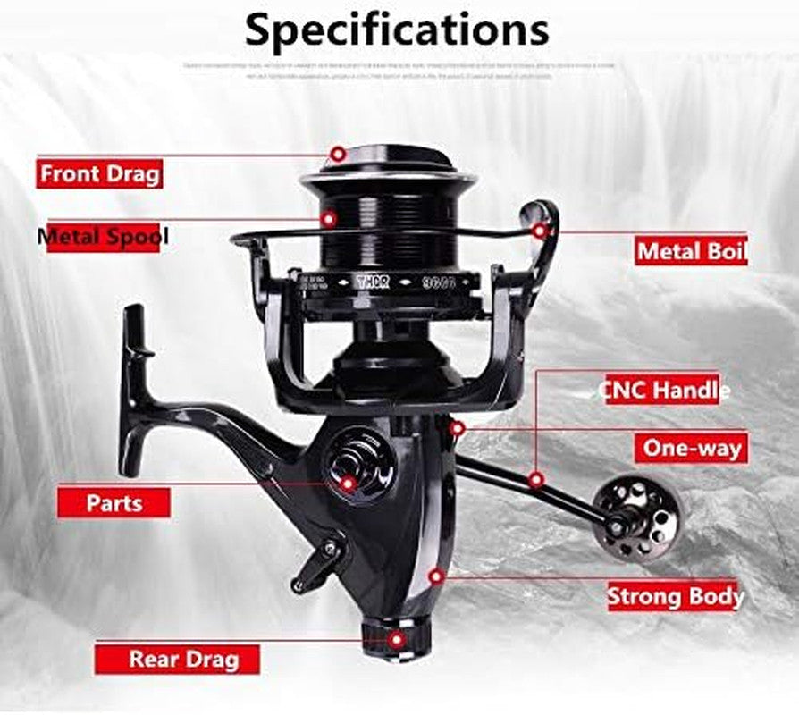 Fishing reel features diagram showing front and rear drag and metal parts