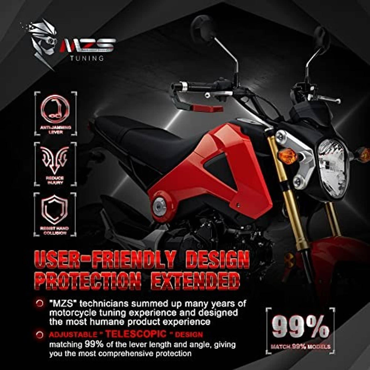 Red and black motorcycle lever guards with silver end caps on a handlebar mount.