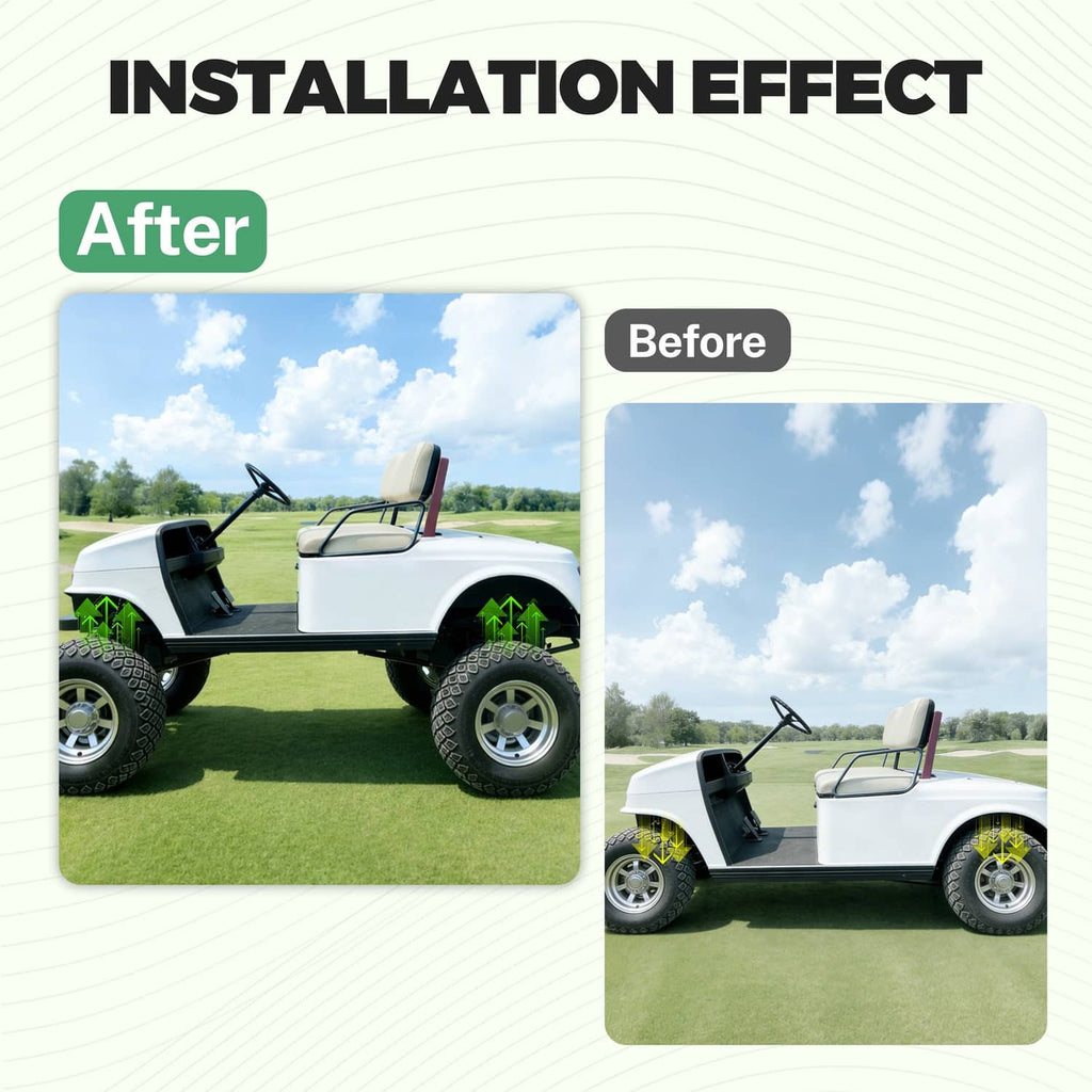 Golf cart installation effect showing higher stance after installing A-arm lift kit