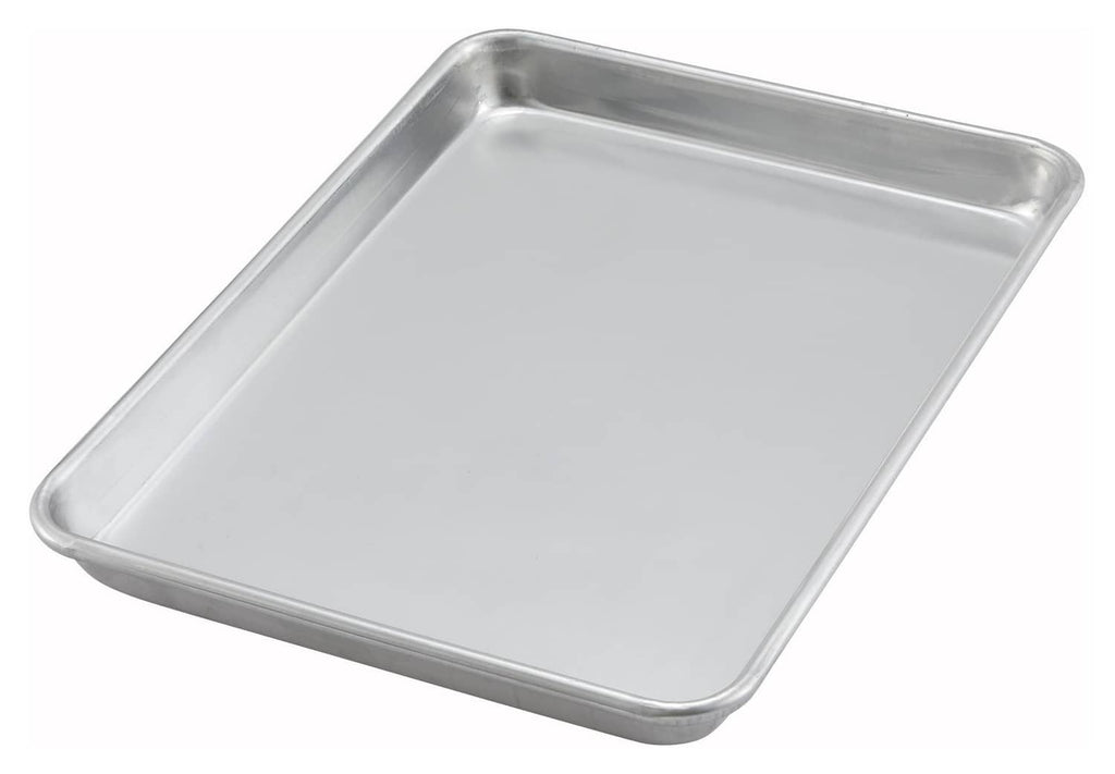 Silver 1/4-size sheet pan with low sides, rectangular tray