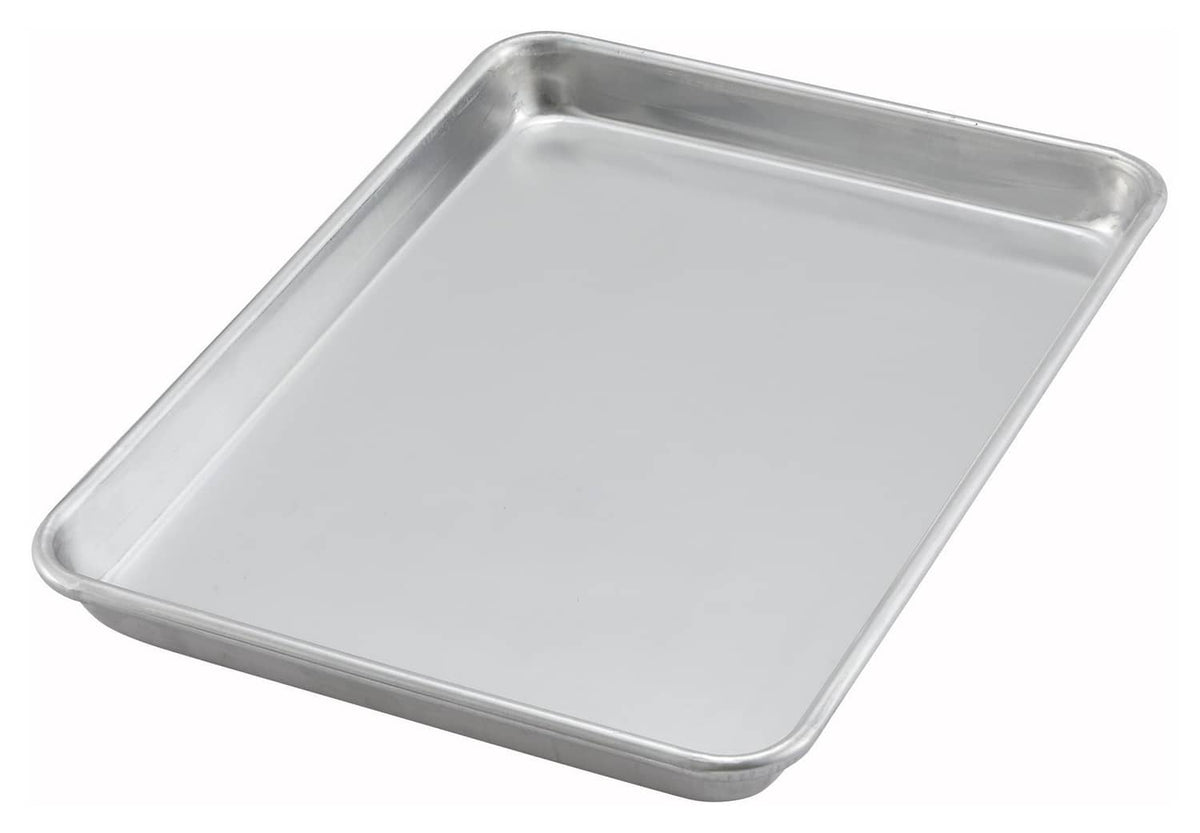Silver 1/4-size sheet pan with low sides, rectangular tray