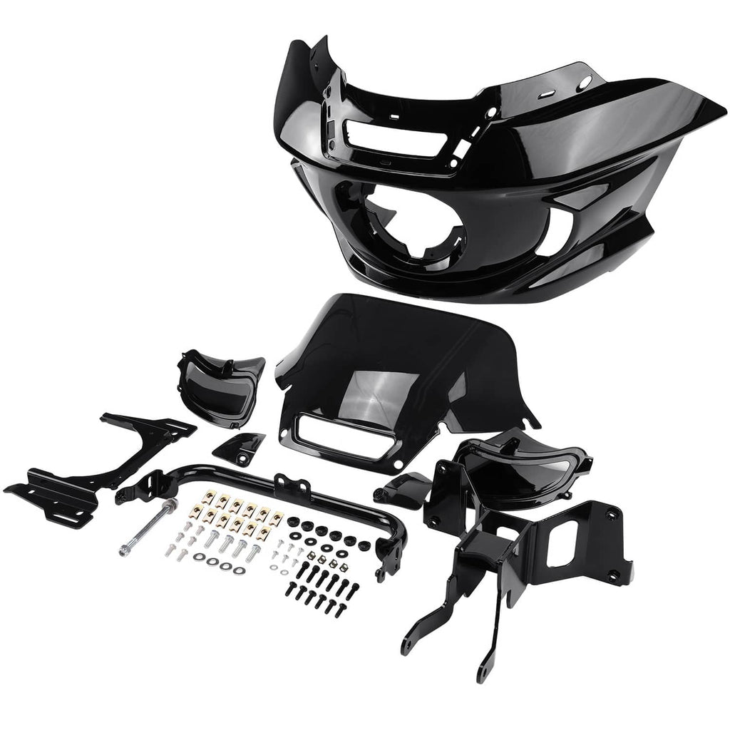 Black motorcycle fairing windshield bracket kit with mounting hardware and brackets