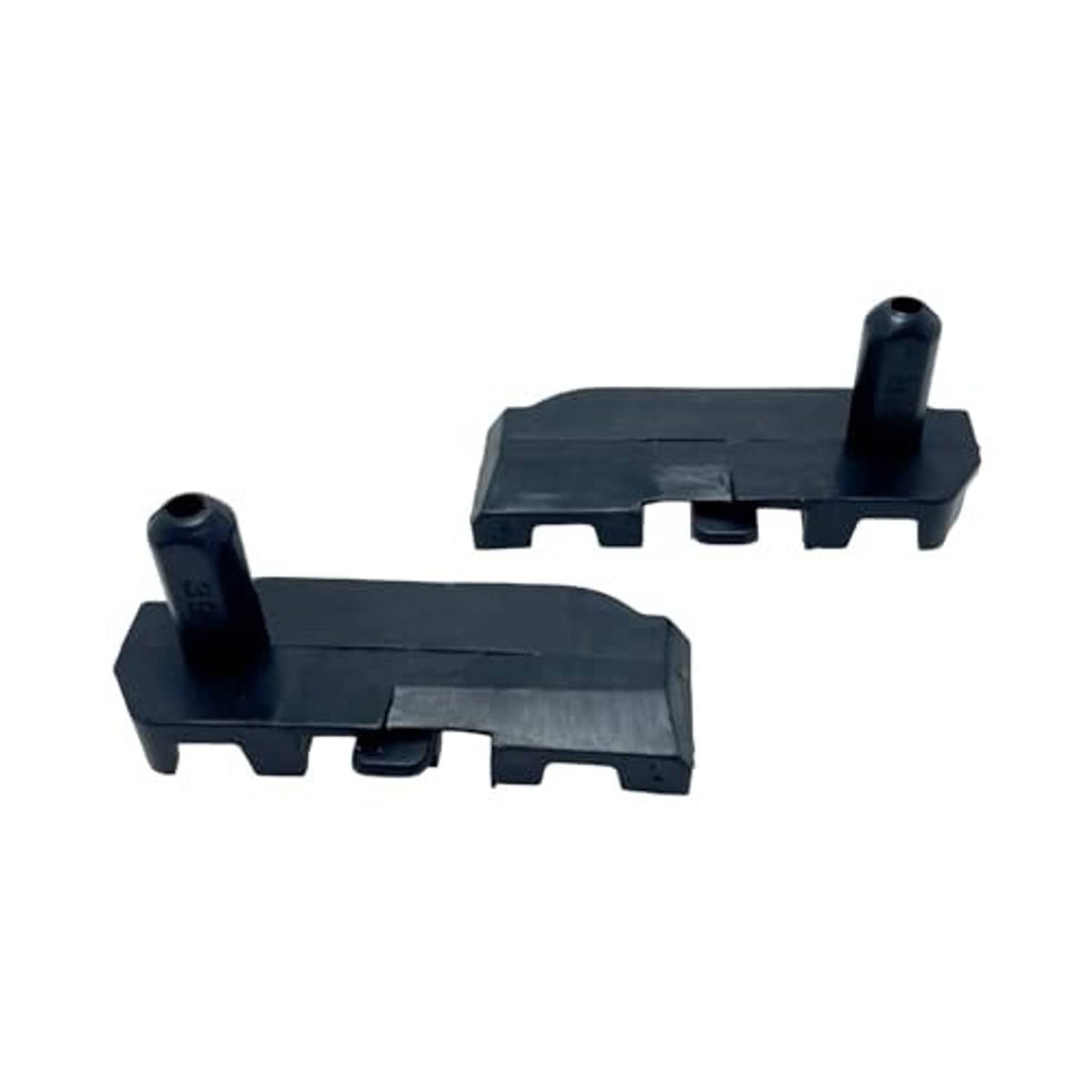 Two dark plastic radiator support brackets side view with raised pin posts