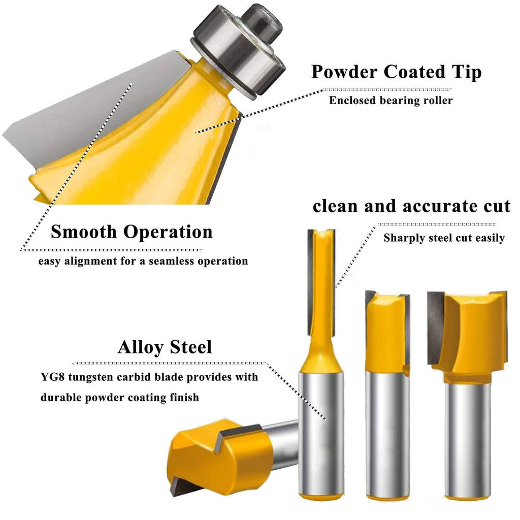 Yellow powder-coated router bit tips with silver shanks and bearing roller