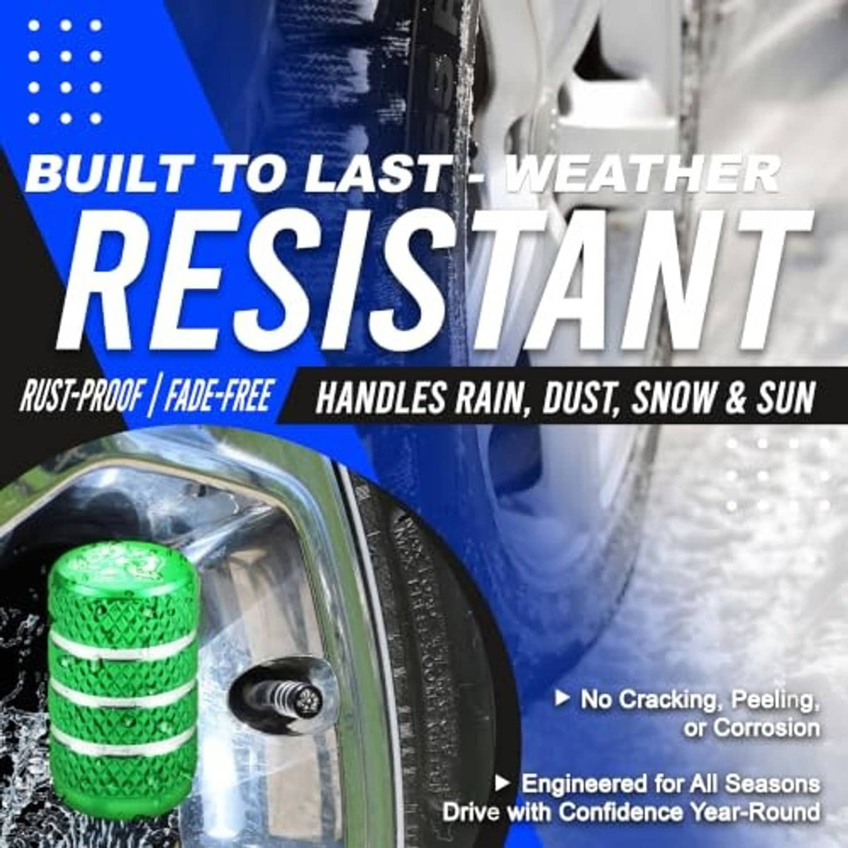 Green Yeti tire valve stem cap with diamond texture and silver stripe rings on top.