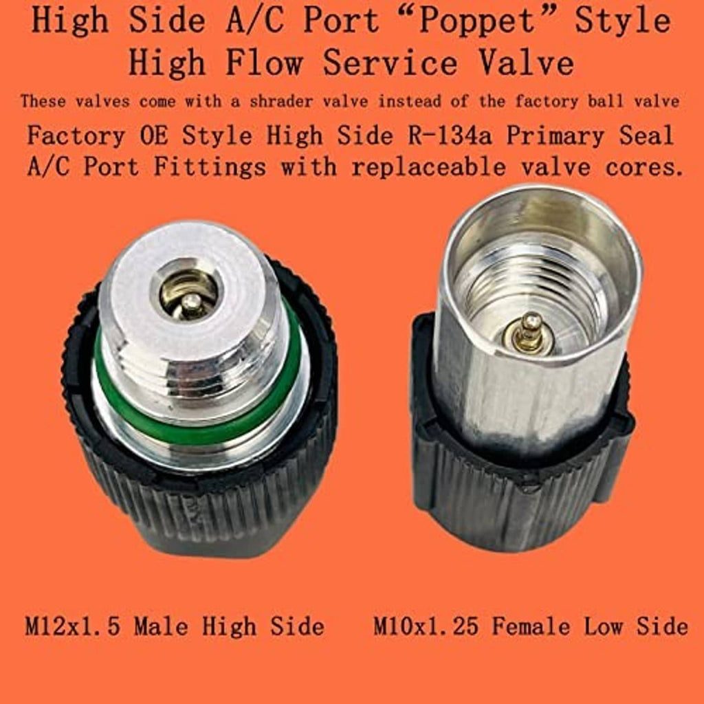 Air conditioning service valve poppet style cap with threaded metal core and green seal