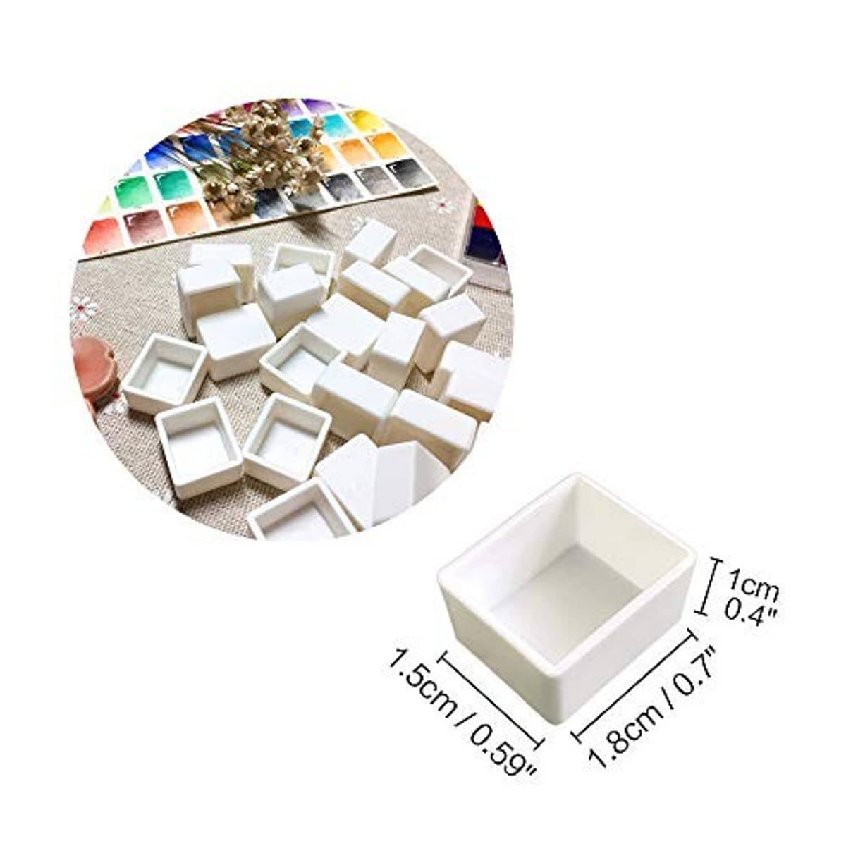 Watercolor half-pan tray with white empty cups and size dimensions