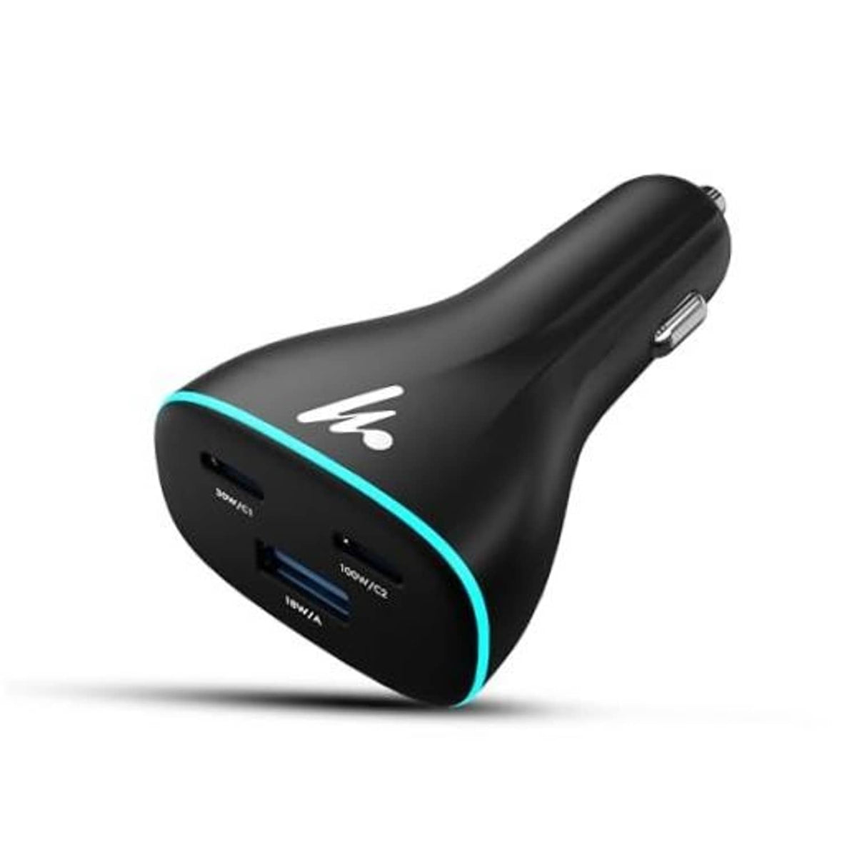 Black car charger with blue LED ring and dual USB ports, angled close-up