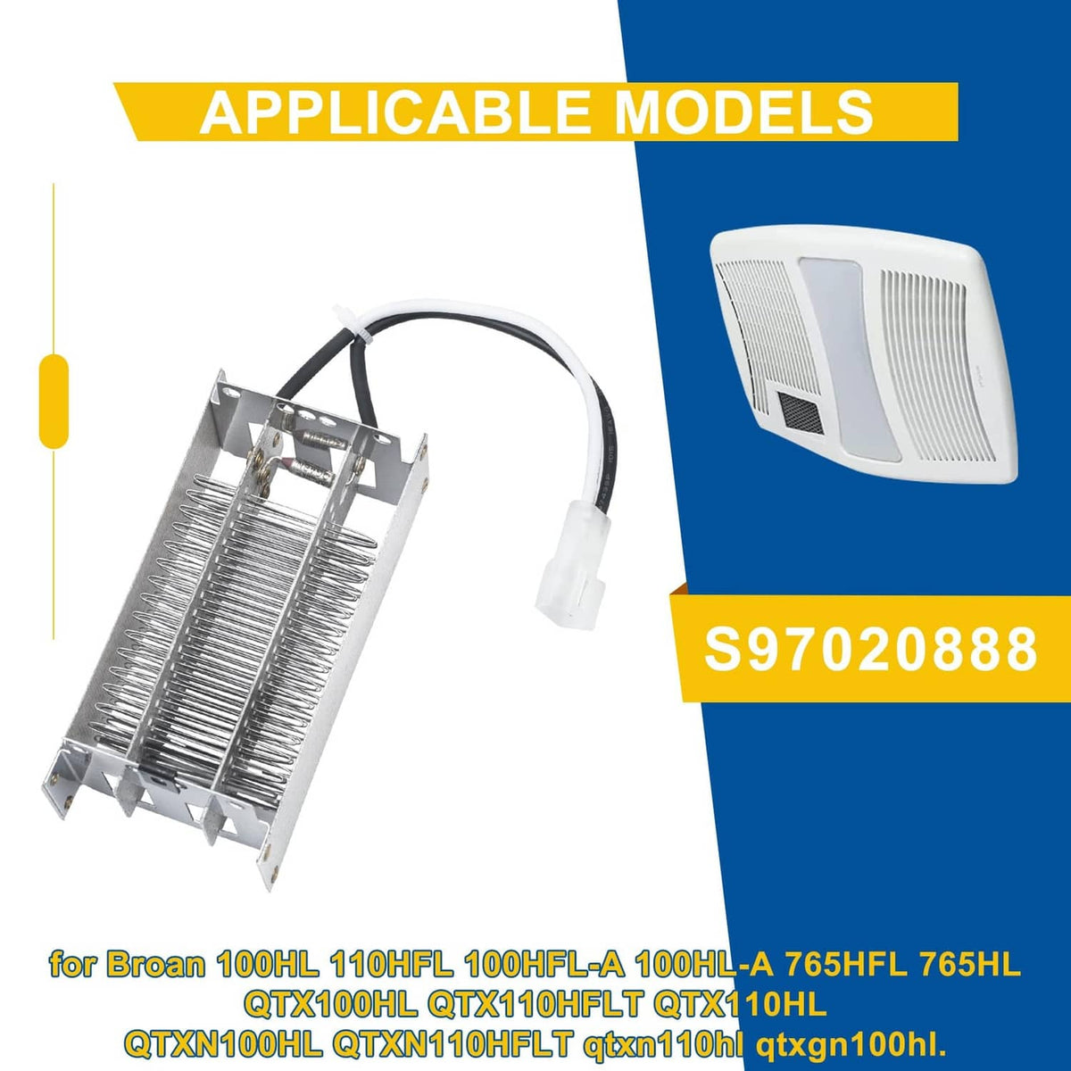 Bathroom fan heating element assembly with metal fins and white connector