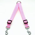 Pink adjustable dog leash splitter coupler with two metal clips and black buckles