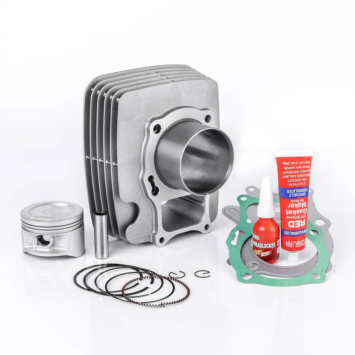 Top end cylinder kit with gasket, piston, rings, and sealant bottles set
