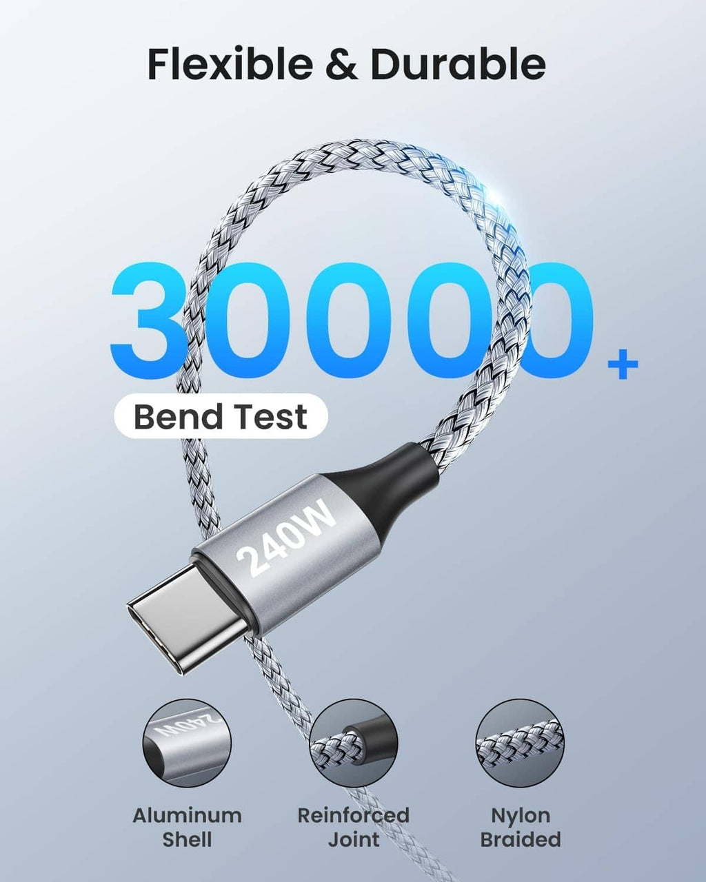 Grey braided USB-C to C cable with reinforced connector, flexible durability